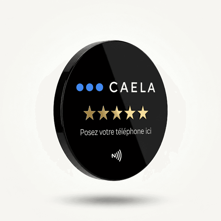 Plaque NFC Caela Réputation — posez votre téléphone pour laisser un avis Google